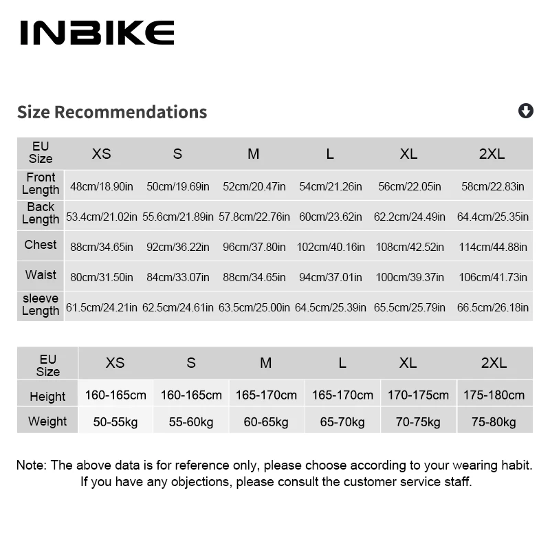 Größentabelle für INBIKE Kleidung, Größen XS bis 2XL.