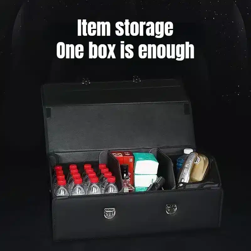 Aufbewahrungsbox mit Flaschen und Artikeln gefüllt.