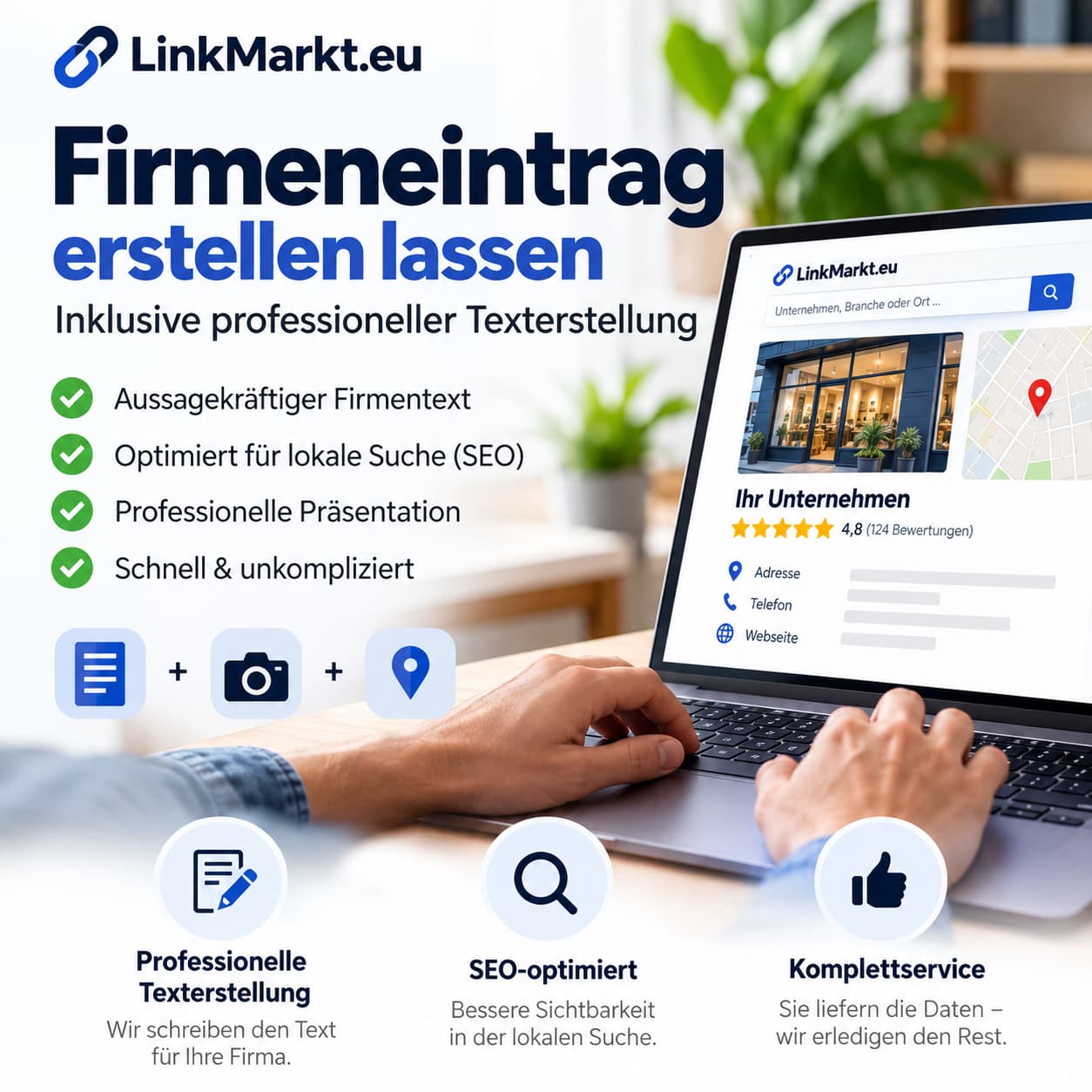 Firmeneintrag auf LinkMarkt.eu erstellen lassen – inklusive professioneller Texterstellung, lokaler SEO-Optimierung und vollständiger Firmenpräsentation.