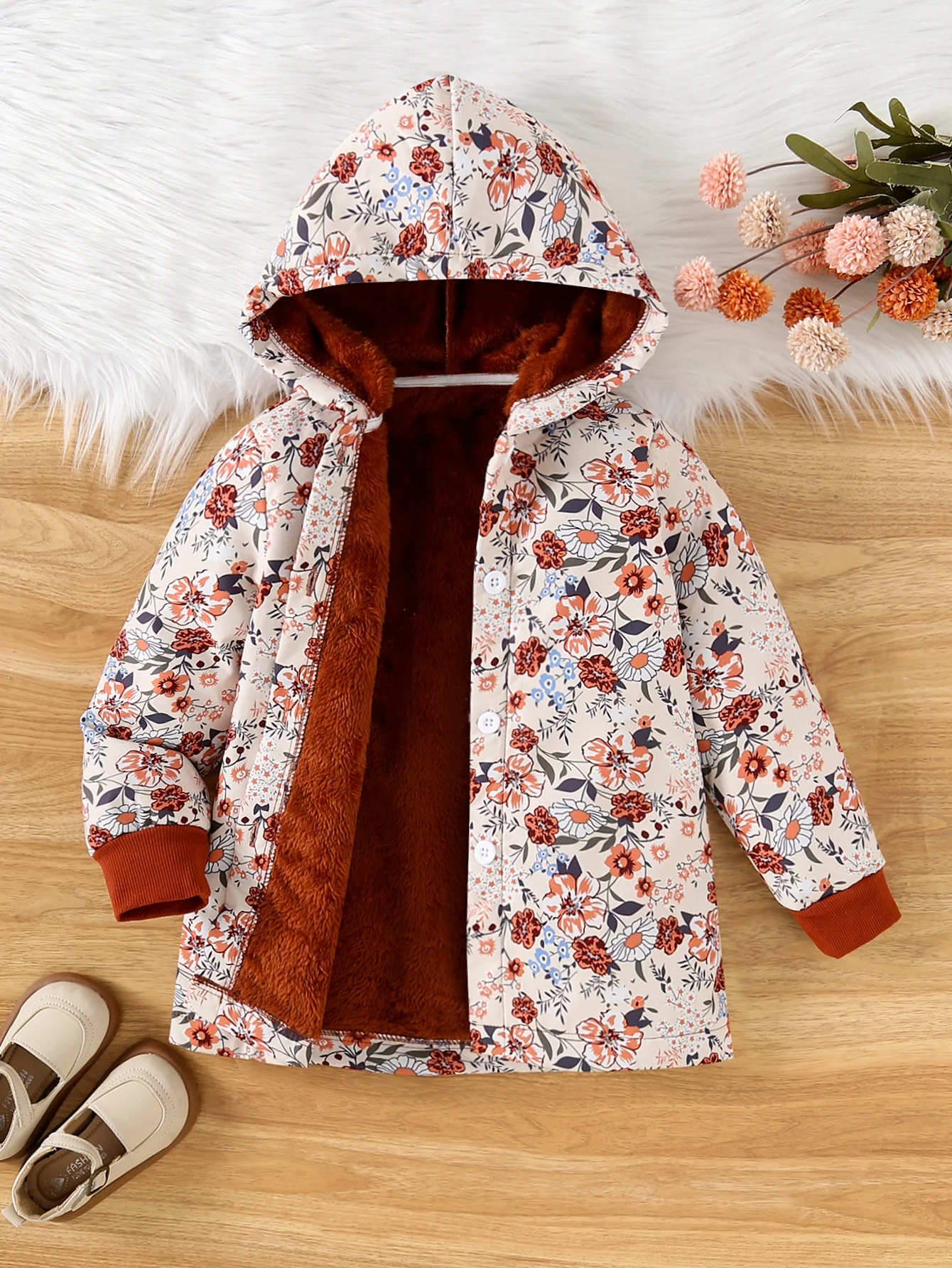 Mädchen-Kapuzenjacke mit Blumenmuster und Fleecefutter