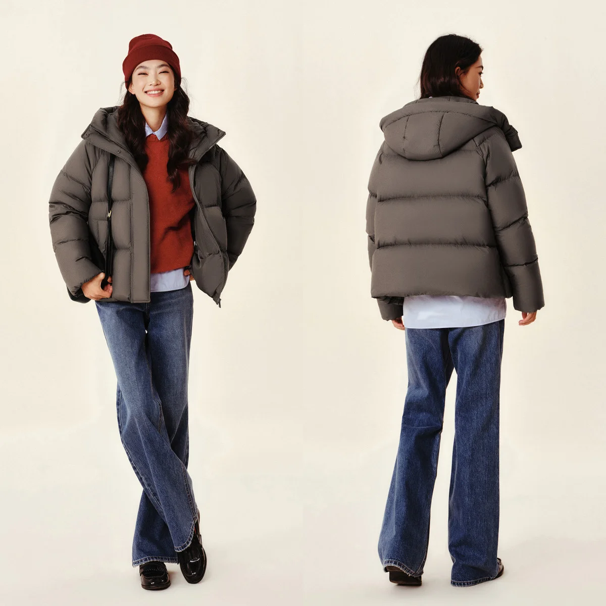 Damen-Daunenjacke mit Kapuze – einfarbige Winterjacke – Bild 3